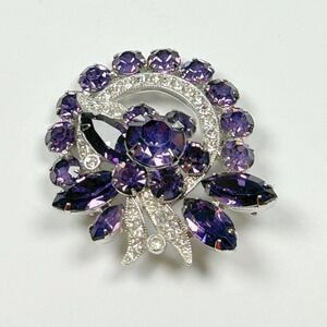 Eisenberg Ice Purple & Clear Rhinestone Wreath Bow Brooch Rhodium Vintage Hi End